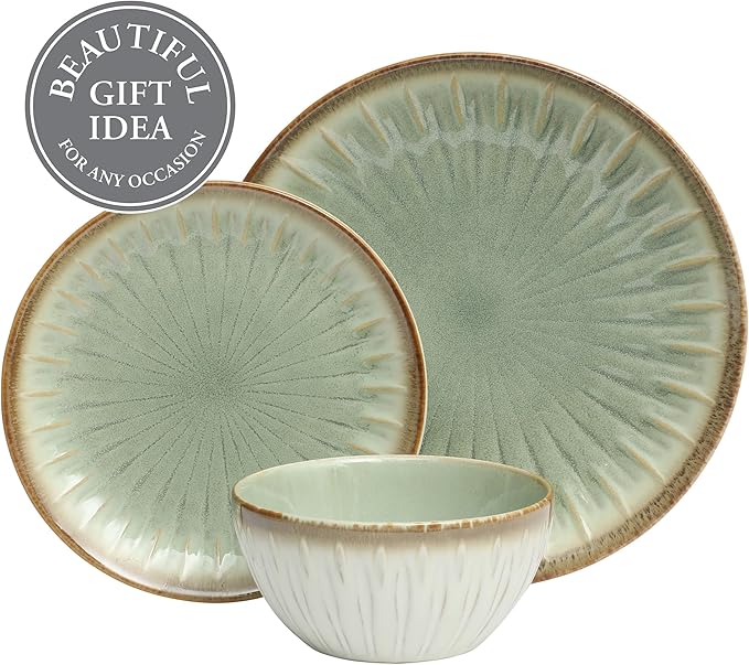 Gibson Elite Trescott Way 12-Piece Reactive Glaze Stoneware Dinnerware Set – Green Plates and Bowls