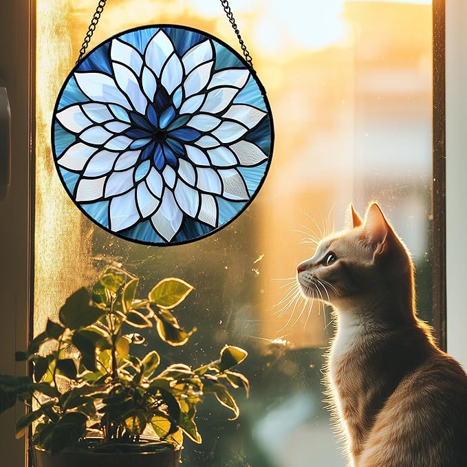 Stained Glass Suncatcher, Blue White Multi-Petal Flowers Sun Catcher Landscape Stain Glass Window Hanging Decoration Mother's Day Birthday Gifts for Women Men Mom Nana 6.3 in