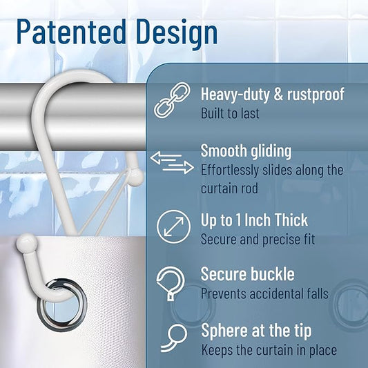 12 Decorative Metal Shower Curtain Hooks, S-Shaped Hooks with Anti-Fall System, Rust-Proof Shower Rings with Safety Buckle, Fits Rods Up to 1-Inch Diameter (S, White)