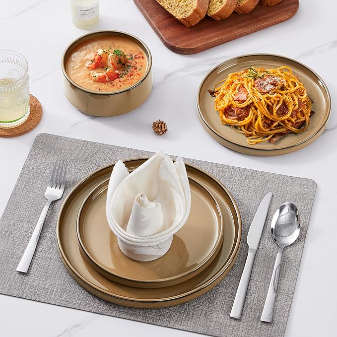 LIANYU 24 Piece Stoneware Dinnerware Sets, Modern Plates and Bowls Dishes Set for 8, Elegant Dinning Dishware for Dinner Salad Cereal, Dishwasher & Microwave Safe, Amber Gold