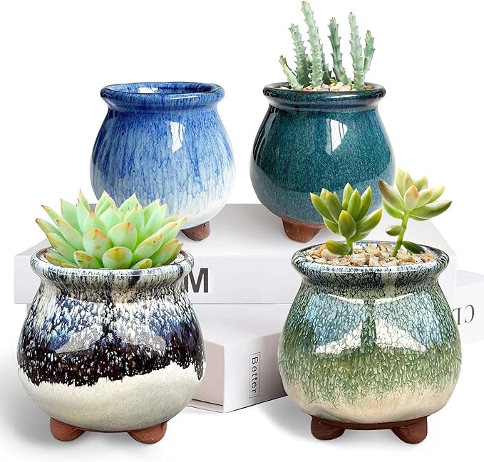 3 inch Glaze Handcraft Ceramic Pot Set, Tiny Cactus Planter with Drainage, Mini Cactus Pots Desk Shelf Decor, Cute Set of 4 Succulent Planter Pots