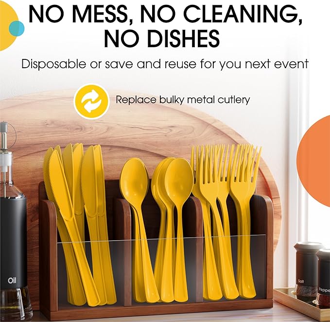 Party Solids Yellow Plastic Silverware Heavy Duty 150 Pieces Yellow Disposable Silverware Heavy Duty, Utensil Sets, 50 Of Each Forks, Knives & Spoons Disposable Cutlery Set For Party Supplies