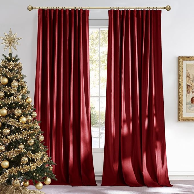 NICETOWN Christmas Red Velvet Curtains 96 inch Long, Winter Home Decor Back Tab Rod Pocket with Pleat Tape Blackout Window Treatment for Noise Reducing Thermal Insulated Drapes, 52" Wide, 2 Panels