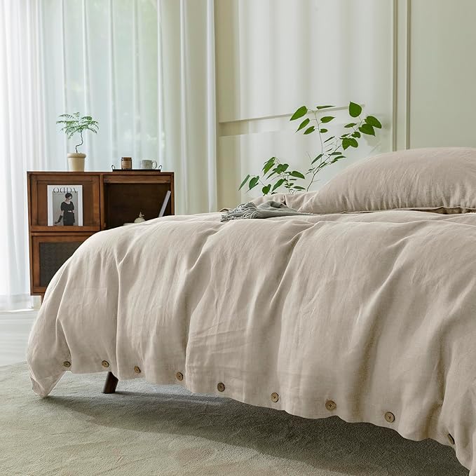 EVERLY 100% Pure Linen Duvet Cover Set Queen Size90X90Inch 3pcs (1 Duvet Cover,2 Pillowcases) Soft and Breathable for All Season with Coconut Button Closure, Suitable for Hot Sleepers-Linen-Queen