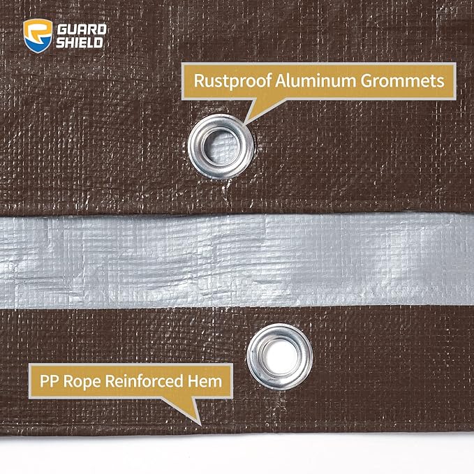 GUARD SHIELD Tarps Heavy Duty Waterproof 20x30 Feet Brown/Bright Silver Poly Tarp Cover Outdoor Thick UV Resistant Tarpaulin with Grommets 10mil
