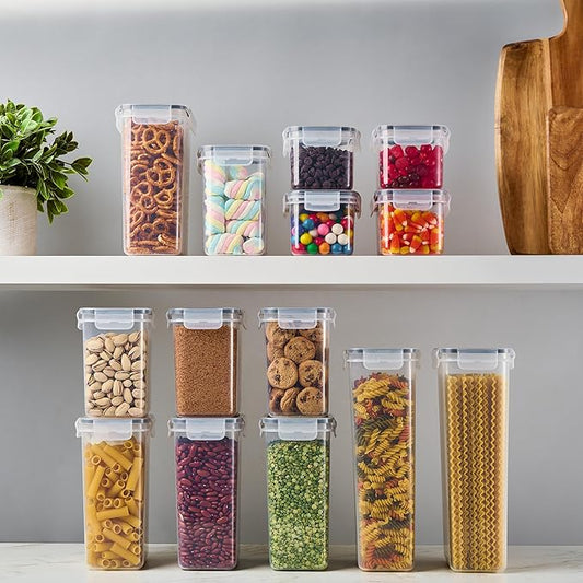 DWËLLZA KITCHEN Set of 14 Airtight Food Storage Containers for Pantry Organization and Storage - Sugar, Flour, Pasta, Spaghetti Plastic Air tight Kitchen Storage Containers With Lids, Labels & Marker