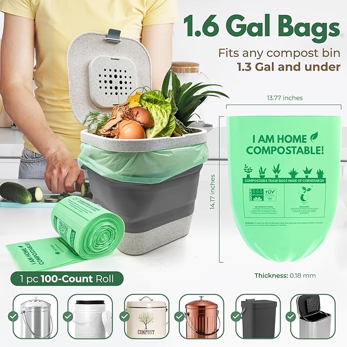 Compostable Trash Bags Small 1.6 Gal - 100 Count Green Compost Bags for Countertop Bin made of Cornstarch - Food Waste Compostable Bags Leakproof & Tear Resistant