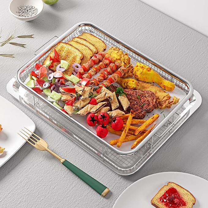 Air Fryer Basket, OPENICE 2 Set Air Fryer Pan and Crisper Tray for Oven, Non-stick Oven Air Fryer Basket for Baking and Crispy Foods - Large & Medium