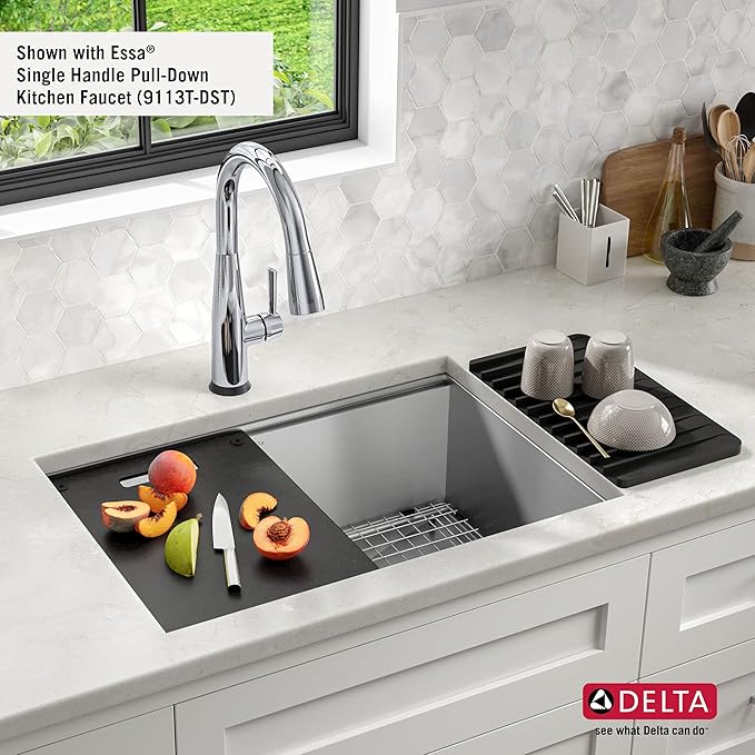 DELTA FAUCET Rivet 27-Inch Workstation Kitchen Sink Undermount 16 Gauge Stainless Steel Single Bowl with WorkFlow Ledge and Chef’s Kit of 6 Accessories, 95B931-27S-SS