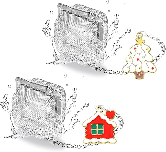 Christmas Themed Tea Infuser Set, 2 PCS Cubic Tea Strainers for Loose Leaf Tea, Reusable Stainless Steel Mesh Tea Ball, Tea Steeper with Christmas Tree and Love House Pendant