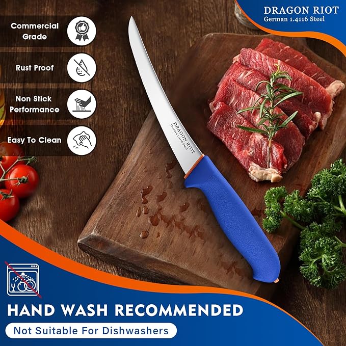 DRAGON RIOT 6 Inch Boning Knife, Flexible Curved Blade Processing Knife for Brisket Meat Trimming and Fish Filleting