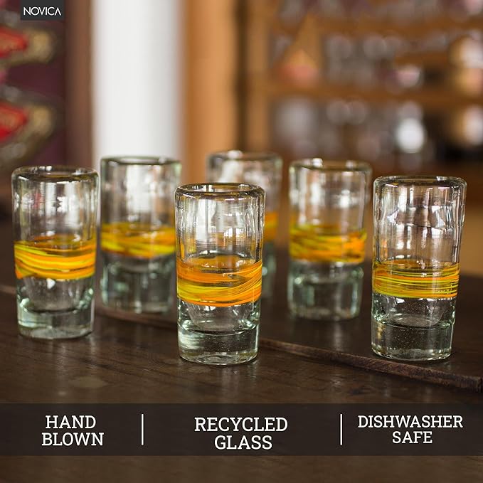 NOVICA Artisan Crafted Yellow Spiral Clear Recycled Tequila Shot Glasses, 2 Oz. 'Ribbon Of Sunshine' (Set Of 6)