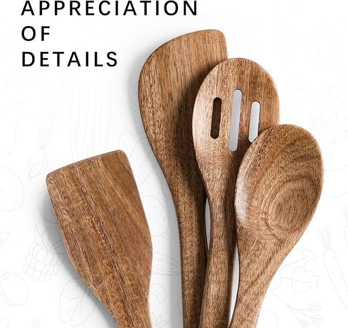 Wooden Spoons for Cooking, 4-Piece Wood Utensil Set Includes Slotted Spoon, Spoon & Wooden Spatula for Cooking – Acacia Wood Kitchen Utensil Set – 12 Inch Hardwearing Tools