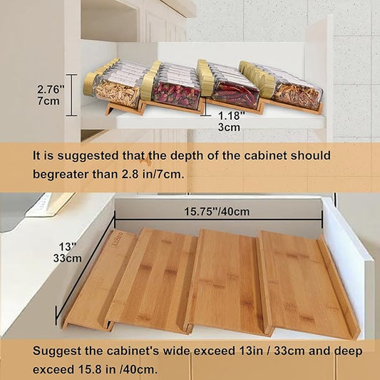 Spice Drawer Organizer with 24 Bamboo-lidded Spice Jars and 216 Labels,Non-slip Rubber, Bamboo 4 Tier Spice Racks Tray Seasoning Containers for Kitchen Drawers,Cabinets,13" Wide * 15.8" Deep