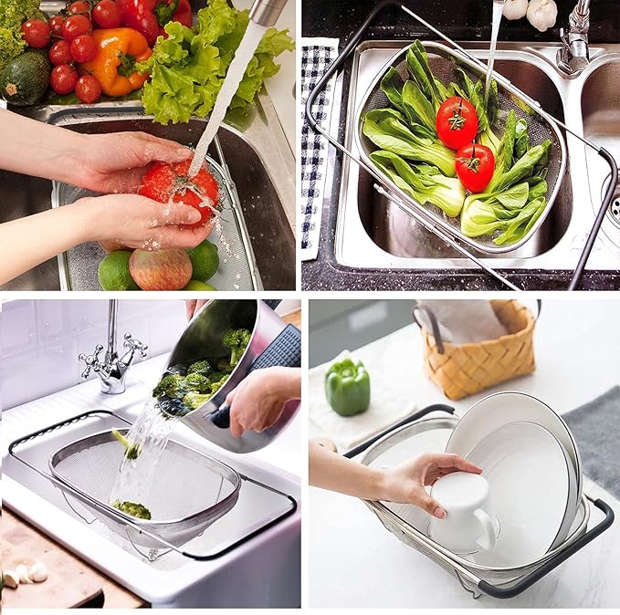 Over The Sink Colander, 4 Quarts Stainless Steel Oval Colander with Expandable Rubber Grip Handle, Fine Mesh Strainer Baskets Kitchen Colanders for Strain, Drain, Rinse Vegetable, Fruits, Black