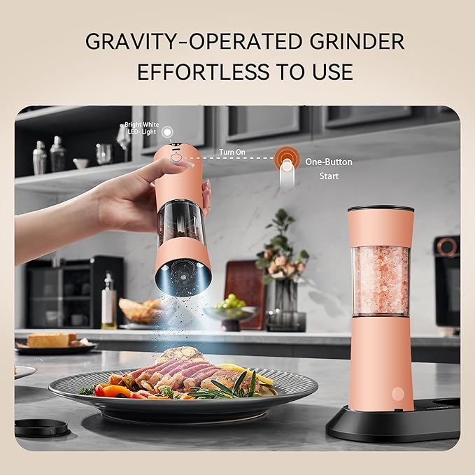 Gravity Electric Salt and Pepper Grinder Set with USB-C Charging Base,Rechargeable Automatic Stainless Steel Pepper Mill Grinder with LED Light, 2pack+Peach Orange (Peach Orange +Cream)