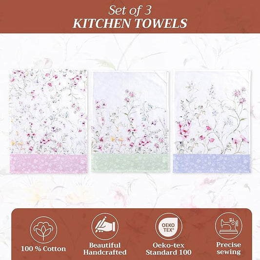 Maison d' Hermine Kitchen Towels Set of 3 100% Cotton 27.50" x 20" Reusable Cloth Tea Dish Towels Absorbent with Hanging Loop for Kitchen, Home, Dining, Cocktail Parties Spring/Summer (Summer Floral)