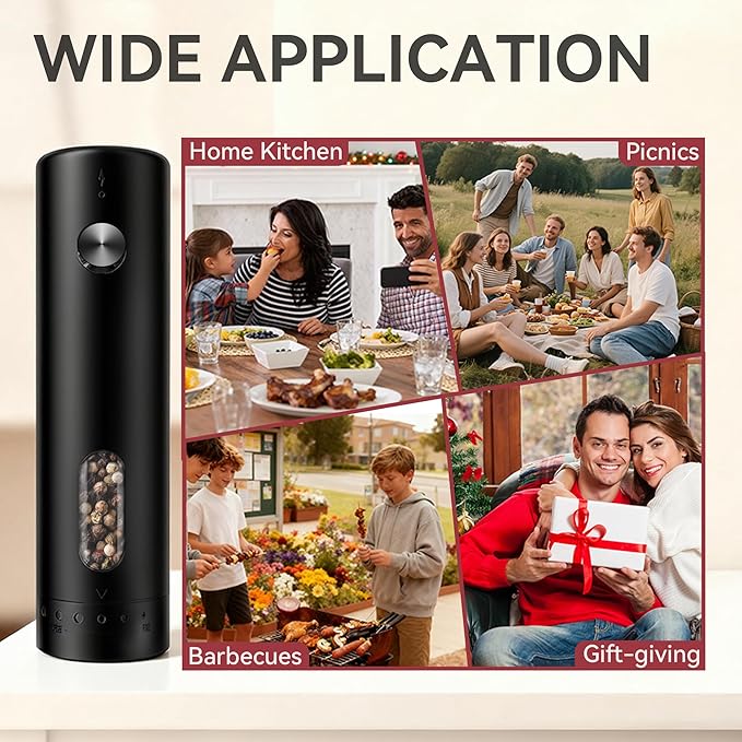Electric Salt and Pepper Grinder Set with Rechargeable Base, Refillable Pepper Mill Set with LED Light & Adjustable Coarseness, Ideal for Kitchen, Outdoor, BBQ & Gift Giving