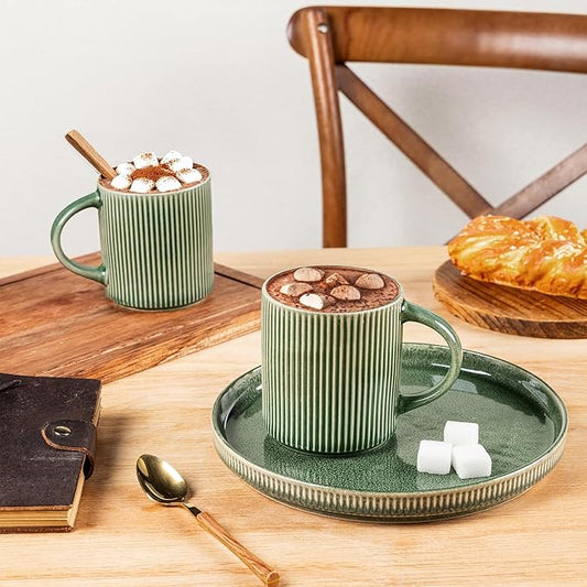 GBHOME 12oz Stoneware Coffee Mugs, Ceramic Coffee Cups with Handle for Man,Woman,Dad,Mom, Modern Coffee Mugs Set of 6 for Latte/Cappuccino/Cocoa/Tea/Cocoa/Milk. Dishwasher&Microwave Safe, Dark Green