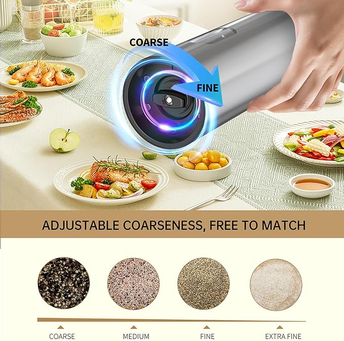 Electric Salt and Pepper Grinder Set with Charging Base,Stainless Steel Automatic Pepper Grinder Set Top-Refill,Flexible Coarsenes,110ml Larger Capacity with LED Light for Home Kitchen (2 pack)
