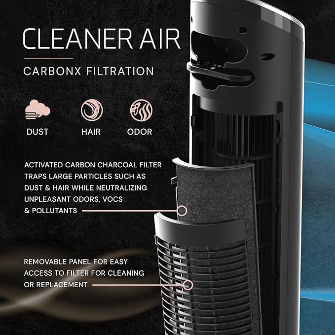 LASKO Ascend Tower Fan with Remote, 36" Floor Fans for Home Bedroom, 29 ft/s Airflow, 90° Oscillation, Air Filter, Black, OST100