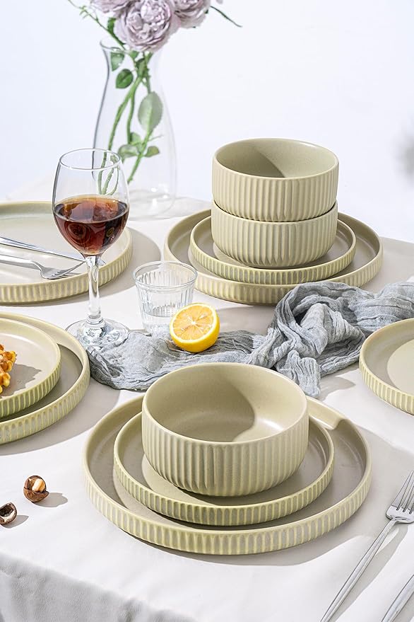 Healing Green Plates and Bowls Sets for 6,FOBENTA 18 Piece Ceramic Dinnerware Set – Dish Set for Light Living & Refreshing Everyday Rituals