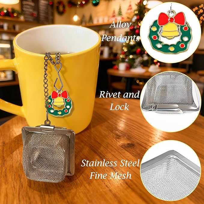 Christmas Tea Ball Set, Stainless Steel Mesh Tea Infuser, Reusable Strainers for Loose Leaf Tea, 2 PCS Tea Steeper with Xmas Wreath and Santa Claus Pendant