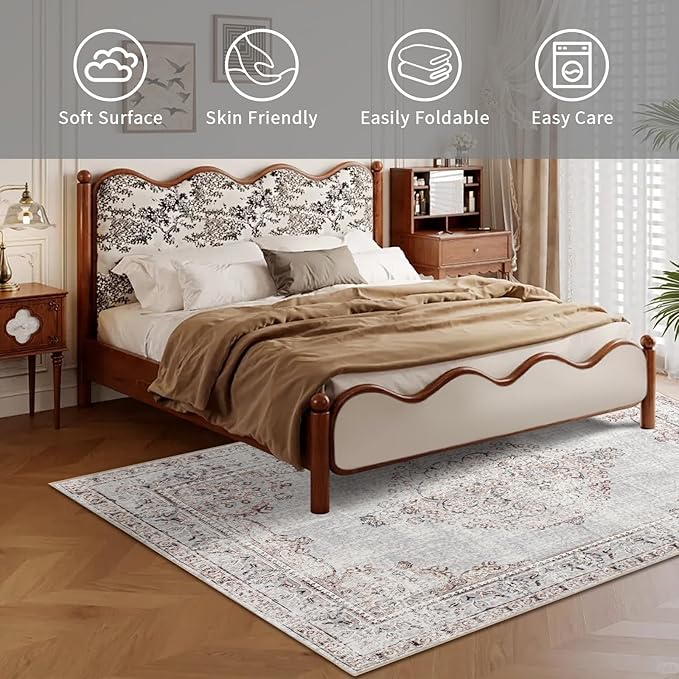 Easy-Going Area Rug 4x6 Washable Boho Rugs for Living Room Non-Slip Bedroom Rug Low Pile Lightweight Vintage Distressed Throw Rug for Dining Room Kitchen Home Office Carpet, Grey Brick