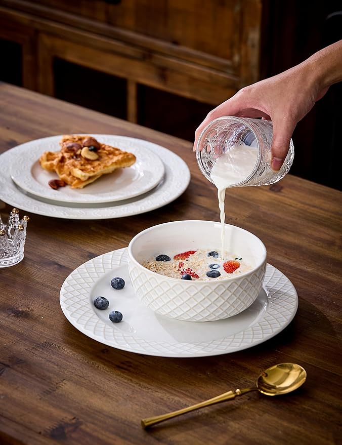 Ceramic Dinnerware Set for 4, 12-Piece Stoneware Plates and Bowls Set, Microwave & Dishwasher Safe, Lead-Free Scratch Resistant, 4 Different Dinner Plates & Soup Bowls (White)