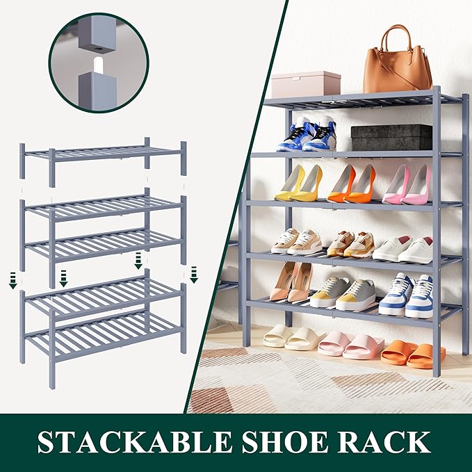 Smiry Shoe Rack, 5 Tier Small Bamboo Shoe Organizer, Stackable Free Standing Wooden Shoe Storage Shelf for Closet, Entryway, Front Door Entrance, Grey