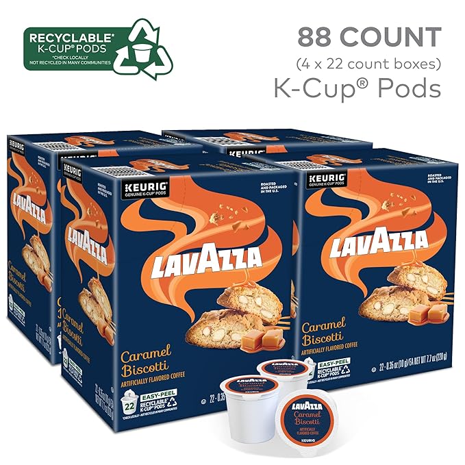 Lavazza Caramel Biscotti Coffee, Single Serve Keurig K-Cup Pods, Flavored Coffee, 88-Count Box (4 Packs of 22)