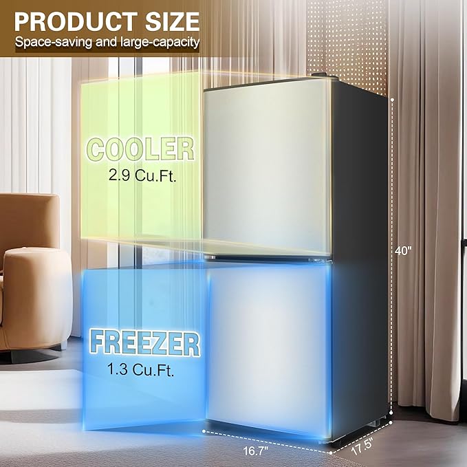 Small Fridge with Freezer 4.2 Cu.Ft., Mini Fridge and Freezer for Dorm with Adjustable Thermostat, Apartmet Size Refrigerator Compact Refrigerator for Kitchen, Dorm, Office, Silver