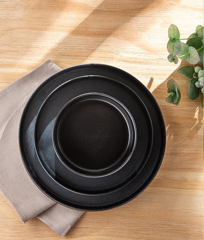 TheTerra Ceramic Dinnerware Sets for 4, 12 Pieces Handmade Reactive Glaze Plates and Bowls Set, Scratch Resistant Dish Set, Oven & Microwave & Dishwasher Safe, Matte Black