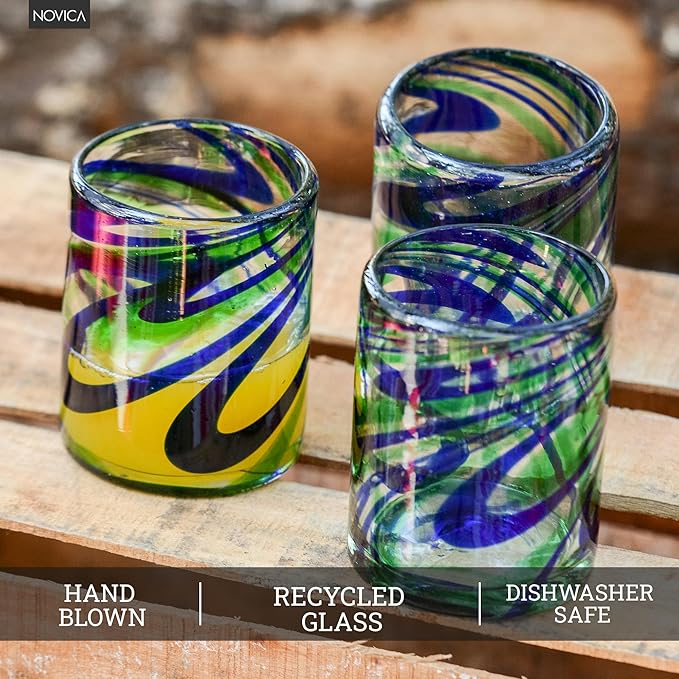 NOVICA Artisan Handblown Recycled Tumbler Drinkware | Rocks Glass Handmade Mexico Drinkware Tumbler | Handcrafted Blown Glass Rocks Blue Green Swirls | Eco-Friendly Drinking Glasses | 10 oz | 'Elegant