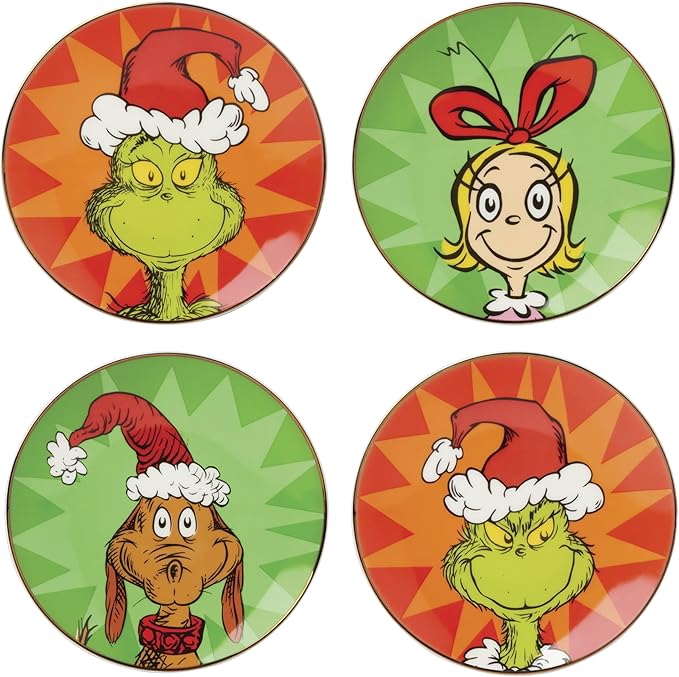 Lenox 898093 Merry Grinchmas Tidbit Plates, Service For 4, Assorted, Christmas Dishes, Dinnerware Set, Holiday
