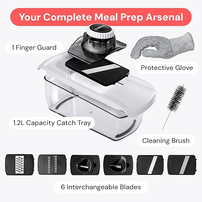 Fullstar Mandoline Slicer for Kitchen, Fruit Cutter, Cheese Grater, Cucumber Slicer, Veggie Spiralizer, Food Cutter & Kitchen Gadgets & Gifts with Safety Glove (6 in 1, Black)