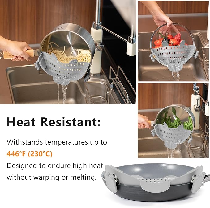 Clip On Strainer Silicone for All Pots and Pans, Pasta Strainer Clip on Food Strainer for Meat Vegetables Fruit Silicone Kitchen Colander