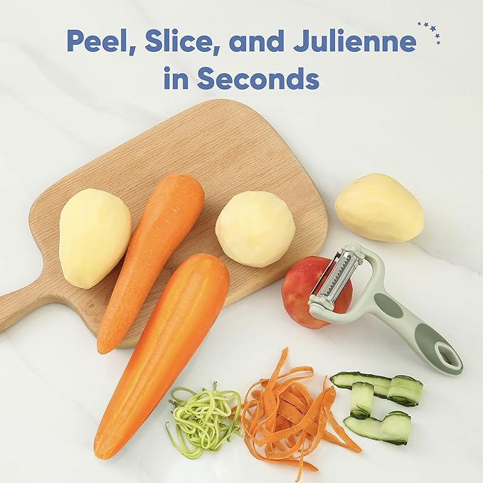 Chef’s Path Tri-Blade Y Peeler – Stainless Steel Fruit Peelers for Kitchen – Vegetable Slicer Kitchen Tools with Standard Peeler Blade, Serrated Peeler, Julienne Peeler and Pointed Blemish Remover