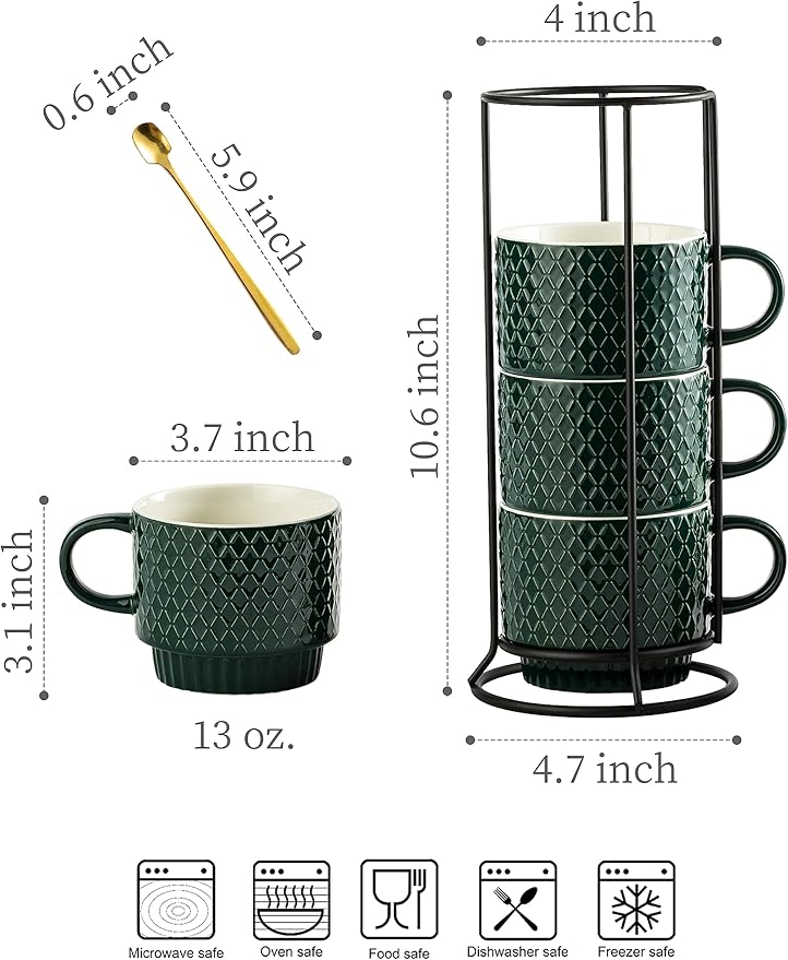 LYEOBOH Coffee Mug Set Porcelain Stackable Coffee Mugs with Stand and Spoons, 13 OZ. Cappuccino Cup Demitasse Cups for Drinks, Espresso, Latte,Set of 4, Dark Green