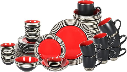 48 Piece Dinnerware Set, Ceramic Plates and Bowls Sets for 8, Microwave and Dishwasher Safe, Handcrafted Tree Bark Series Dish Set, Strawberry/Red