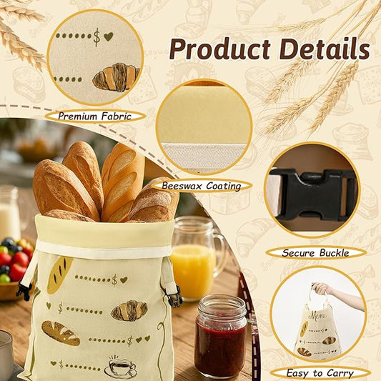 Reusable Beeswax Bread Bags Set – 2 Large Organic Linen Bread Bags (17 x 13 Inches) + 3 Beeswax Wraps for Food, Homemade Bread, Bagel,Sourdough, Freezer Safe & Keeps Food Fresh