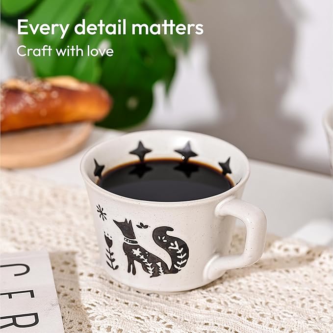 Ceramic Coffee Mug, 12 oz Novelty Unique Teacup with Handle, Stoneware Cup for Tea Mocha Latte Cappuccino Espresso (Set of 2, Fox and Bear)