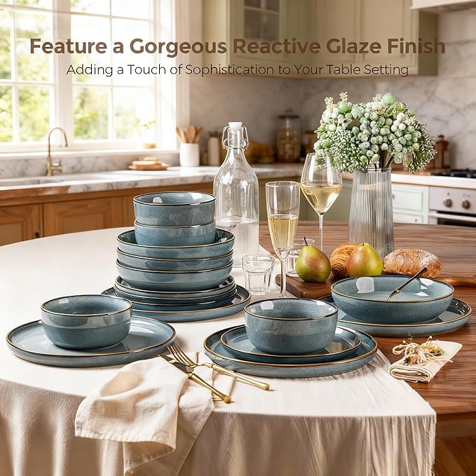GBHOME Ceramic Dinnerware Sets for 4, 12 Pieces Stoneware Plates and Bowls Sets, Reactive Glaze Dishes -Scratch Resistant, Dishwasher&Microwave Safe, Space Blue