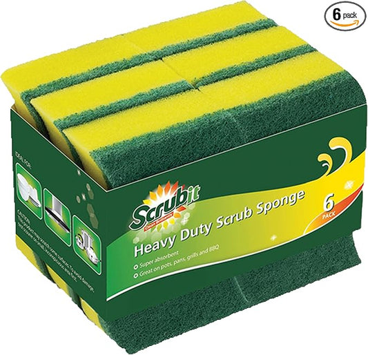 (6 Pack) Heavy Duty Scrub Sponges by SCRUBIT – Kitchen Dish, Sink and Bathroom Cleaning Scrubber Sponge - with Non-Smell Scouring Pad