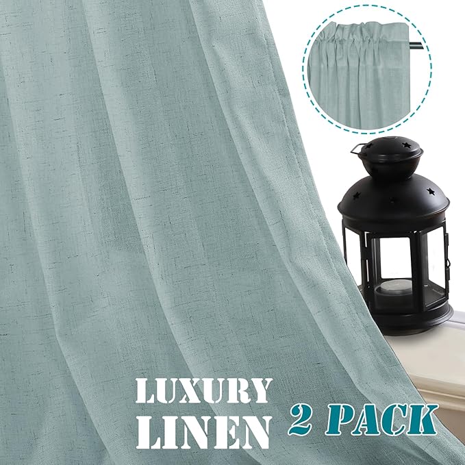 H.VERSAILTEX Linen Curtains Elegant Natural Linen Semi Sheer Curtains Energy Light Filtering Rod Pocket Window Treatments Panels for Living Room (Set of 2, Cloud Blue, 52 inch W X 63 inch L)