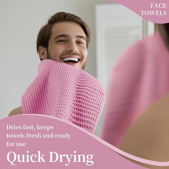 Microfiber Waffle Face Towels, 4 Pieces, Soft, Absorbent, Fast Drying, Lint Free (Pink)