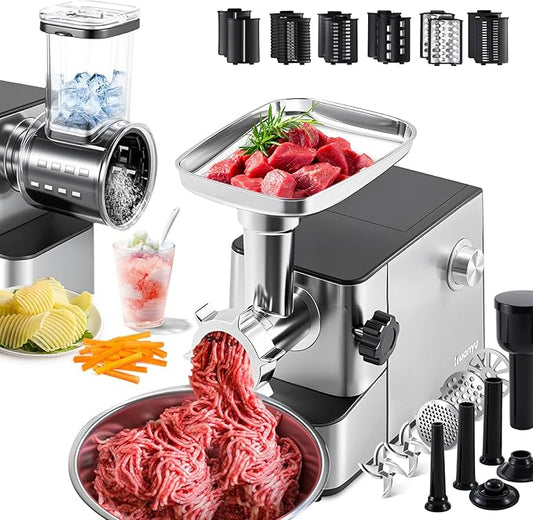 Huanyu Meat Grinder Electric 3200W Max Power Heavy Duty, Ice Shaver and Veggie Shredder, 2 Blades, 3 Plates, Sausage Tubes and Kubbe Kit Built-in Storage #10 Outlet for Home Use