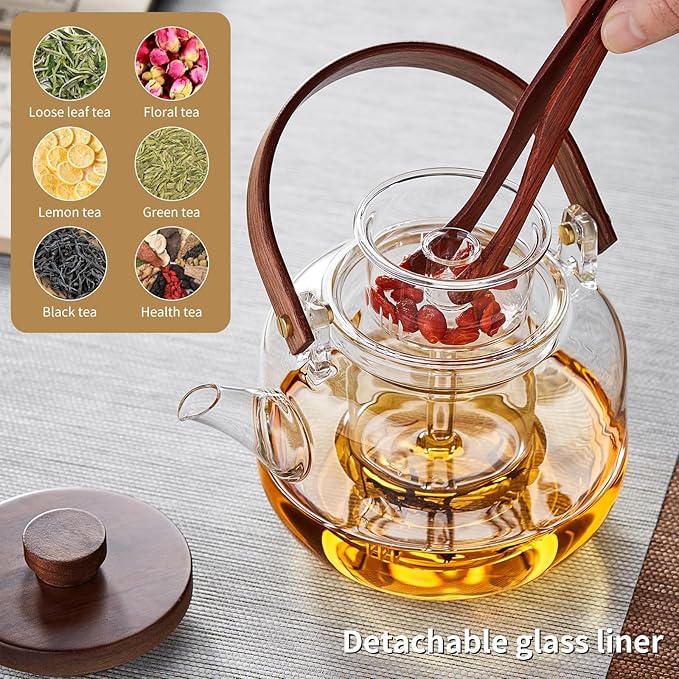 Glass Teapot with Infuser 1100ml/37.2 fl oz, Heat Borosilicate Glass Tea Pot with Infuser for Loose Leaf Tea, Stovetop Safe