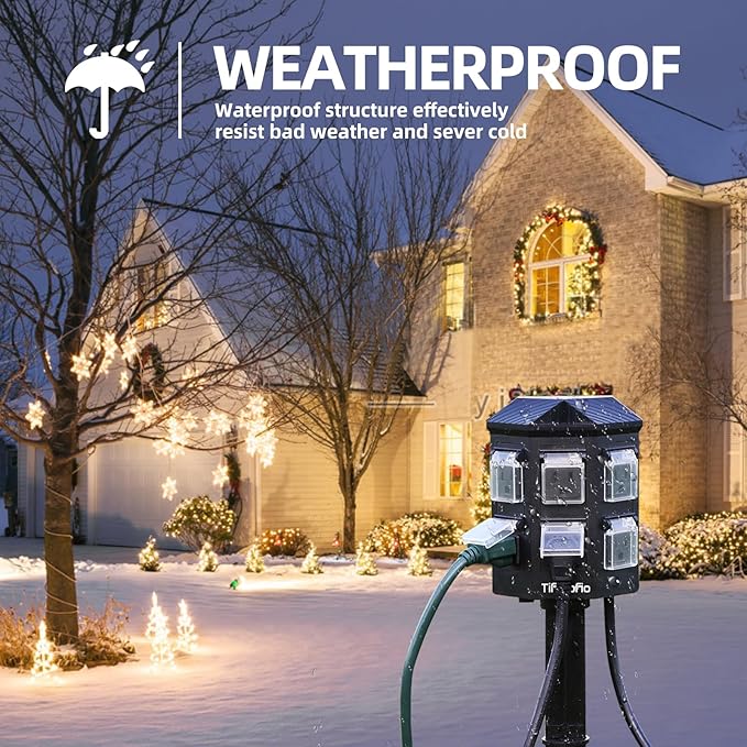 TiFFCOFiO Outdoor Power Strip Weatherproof, 50 FT Extension Cord with Power Stake, 6 Grounded Outlets for Outdoor Lights, 15A/1875W, ETL Listed