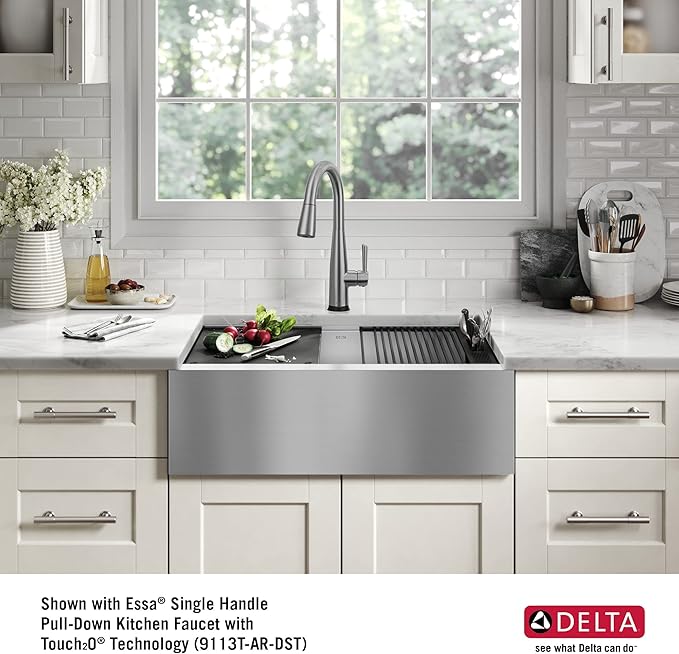 DELTA FAUCET Rivet 33-inch Workstation Farmhouse Apron Front Kitchen Sink Undermount 16 Gauge Stainless Steel Single Bowl with WorkFlow Ledge and Kit of 5 Accessories, 95C9031-33S-SS